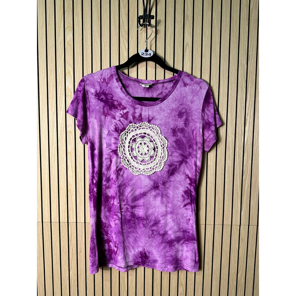 234 Natural Life Tie Dye Crochet Doily T Live Happy Boho (Medium, Purple, EUC)
